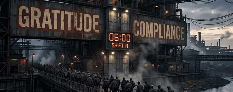 A group of workers walking on a bridge into an industrial factory at 6 AM shift start